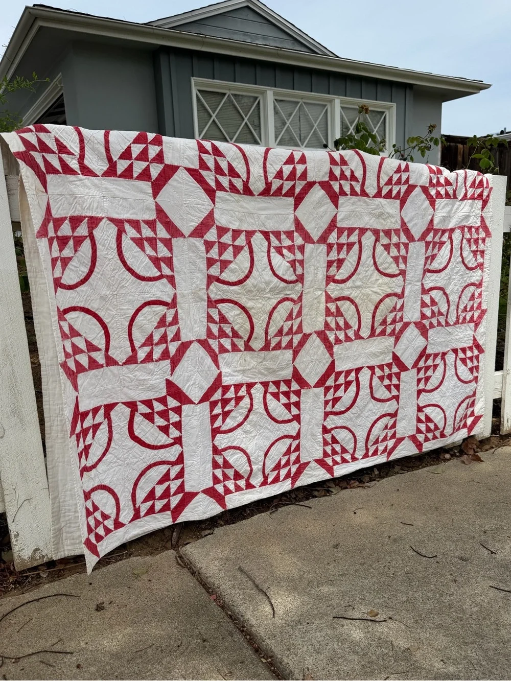 Vintage Pickle Dish Quilt Hand Stitched Red White Gauzy Cotton Thin 57x89 READ